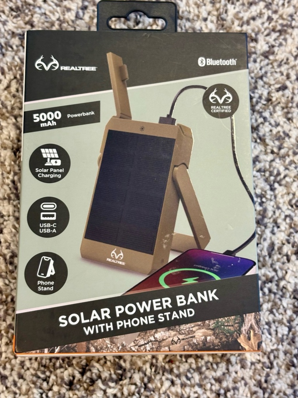 Realtree Brown Solar Power Bank with Phone Stand - Tan/Brown